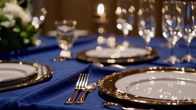 Elegant dining setup with floral centerpiece and candlelight in a sophisticated venue