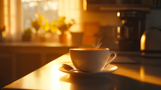 Warm coffee cup sits on a sunlit table in a cozy kitchen during morning hours