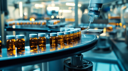 Production line of vaccine vials in a modern pharmaceutical facility at daytime