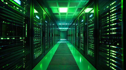 High-tech data center featuring rows of illuminated servers in a modern facility at night