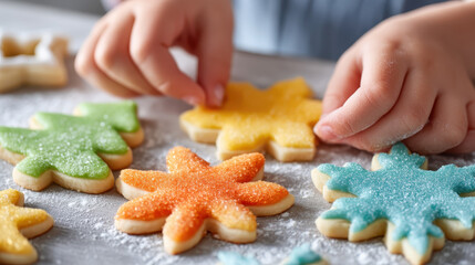 Baking holiday cookies brings joy and creativity as colorful decorations transform simple dough into delightful treats. hands carefully place vibrant shapes on surface dusted with flour