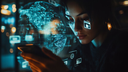 Young woman using smartphone while surrounded by digital screens displaying global data at night