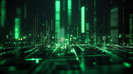 Digital cityscape glowing in green light with 3D structures and patterns detailing urban technology in a futuristic setting
