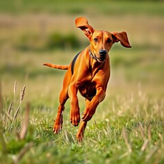 Redbone Coonhound running through grassy field, ears flapping, energetic stride, focus on prey,  hunting dog,  speed