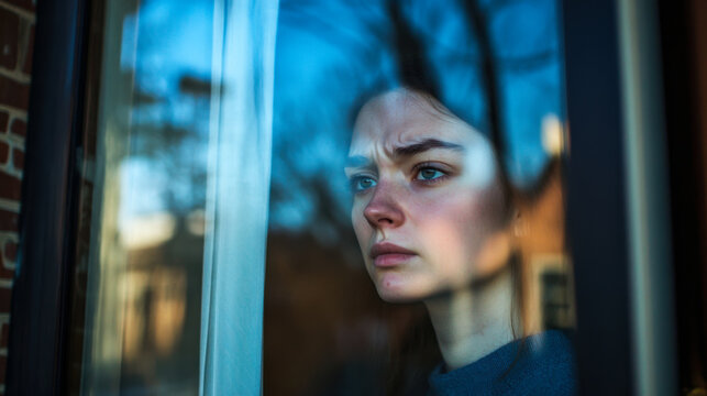 Contemplative young woman gazing through window in urban setting during late afternoon - Powered by Adobe