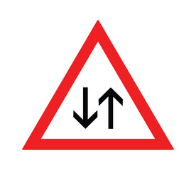 Two way traffic road sign in Red Triangle shape with black arrows. Vector illustration for transport safety. Warning information symbol isolated on transparent background.