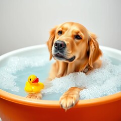 Golden retriever enjoying a bubble bath with a rubber ducky,  hygiene,  rubber ducky