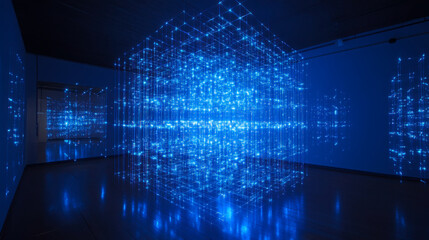 Light installation creates immersive experience in modern art gallery at night