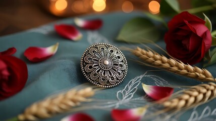 Ornate silver filigree ring with red rose petals and wheat stalks on teal fabric jewelry