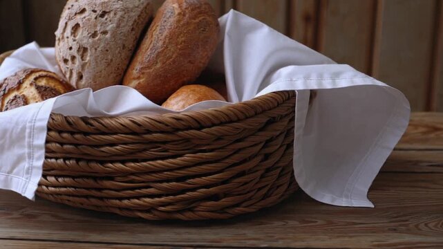 Freshly baked bread in a basket on a wooden table at a cozy cafe during morning hours