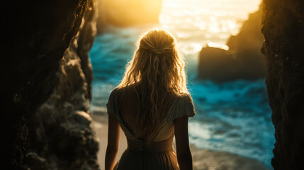 Woman gazes at the ocean during sunset from a rocky coastal opening, evoking serenity and wonder
