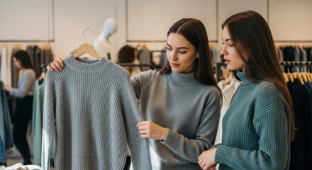Obraz premium Stylish young women enjoy a collaborative shopping experience, carefully examining a cozy grey knit sweater in a modern fashion boutique
