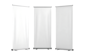 Three blank white roll-up banners, with silver bases, cutout, PNG isolated on transparent background