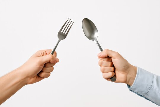 Two hands engaging in a playful culinary clash, presenting a shiny silver fork and spoon against a pristine white background, symbolizing choice and preparation
