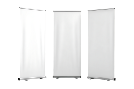 Three blank white roll-up banners, with silver bases, cutout, PNG isolated on transparent background