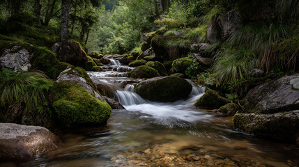 Obraz premium Scenic view of waterfall flowing through rocks in a forest stream, lush green jungle landscape 