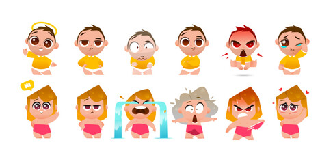 Funny Business Character Pair in Underwear with Six Emotions for Animation and Design. Male and Female Figures Show Office Attitude with a Playful Cartoon Look
