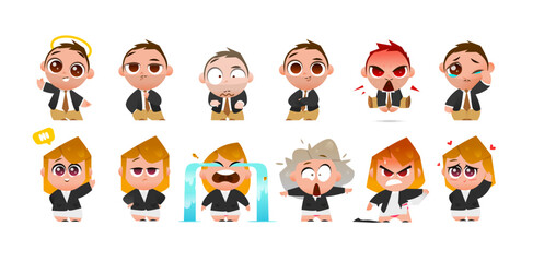 Business Baby Characters with Expressive Body Language and Six Emotions for Animation, Branding and Creative Projects. Two Corporate Cartoon Kids Showing Feelings