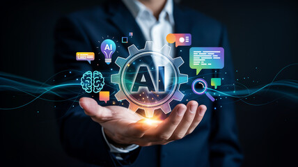 Businessman holding a glowing ai gear with digital icons