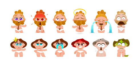 Caucasian Character Pair in Underwear for Animation and Design, Showing Six Playful Emotions and Dynamic Body Poses with Editable Parts for Creative Projects
