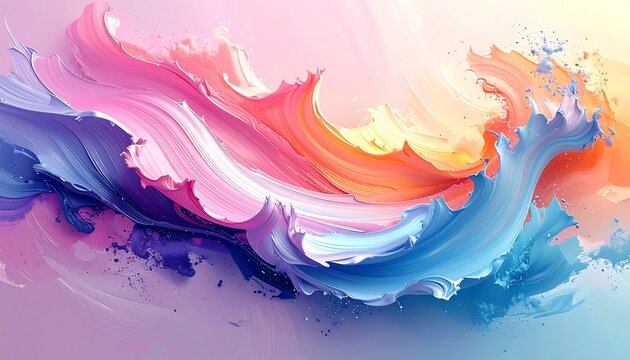 Abstract swirling waves in pastel hues of pink, blue, orange, and purple, create a vibrant, textured flow