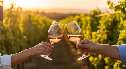 Toasting with rose in vineyard at sunset