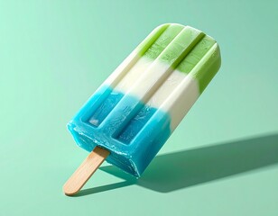 A close-up, eye-level shot of a layered popsicle (blue, white, green) with a wooden stick, casting a soft shadow on a solid pastel mint green background.
