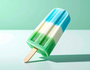 A close-up, eye-level shot of a layered popsicle (blue, white, green) with a wooden stick, casting a soft shadow on a solid pastel mint green background.