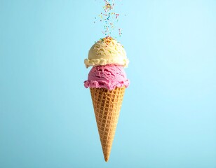 A close-up, eye-level shot of a single, empty waffle cone suspended horizontally.