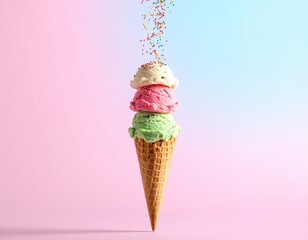 A close-up, eye-level shot of a single, empty waffle cone suspended horizontally.