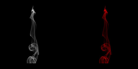 Ethereal wisps of white and red smoke dance in harmony a symbol of balance and contrast against a stark black background