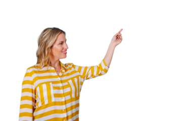 Smiling woman pointing finger at copy space, presenting or advertising information on transparent background