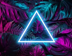 A dense arrangement of exotic tropical leaves, including monstera and ferns, bathed in dramatic neon lighting with vibrant pink and teal hues.