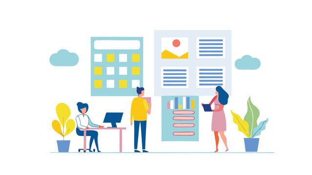 Clean flat art illustration of it professionals troubleshooting computer issues with technology and network symbols