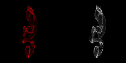 Abstract dance of light and shadow Red and white spectral forms on a black canvas resembling energy flows captured with