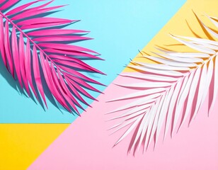 A flat lay composition of stylized palm fronds, one in vibrant pink and another in cool white, arranged over a background of intersecting geometric planes in bright cyan, sunny yellow, and soft pink