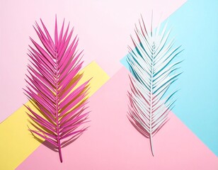 A flat lay composition of stylized palm fronds, one in vibrant pink and another in cool white, arranged over a background of intersecting geometric planes in bright cyan, sunny yellow, and soft pink