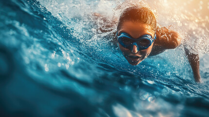 swimmer diving through a wave in an ocean competition during daylight, copy space