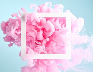 A macro shot of delicate pink ink swirling and blooming within a stark white square frame, set against a tranquil cyan blue background