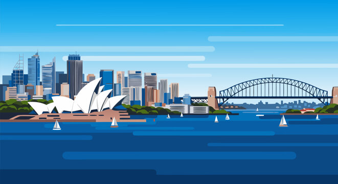 Captivating Sydney Skyline Vector Art Opera House, Harbour Bridge, and Sailboats