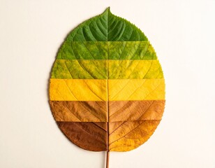 A single, elongated leaf, segmented into horizontal slices, displaying a vibrant color gradient from deep forest green to golden yellow and finally to a dry, autumnal brown. 