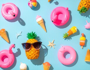 A playful, top-down flat lay pattern of miniature summer vacation icons like tiny inflatable flamingos, sunglasses, ice cream cones, and pineapples, arranged evenly on a pastel blue background.
