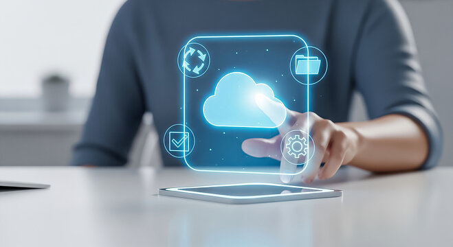 Cloud Computing Digital Technology Future Data Storage Innovation Connectivity Woman Touching Interface Cyber Security
