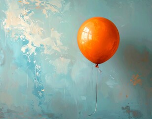 A single, vibrant orange balloon floats in the center of a soft, dusty blue background. A thin white string dangles below.