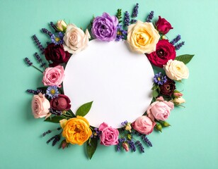 A top-down flat lay of a chocolate composed of assorted spring flowers like roses, peonies, and lavender, interspersed with pastel-colored
