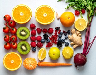A vibrant flat lay of assorted fresh produce, on a clean, light grey surface. 