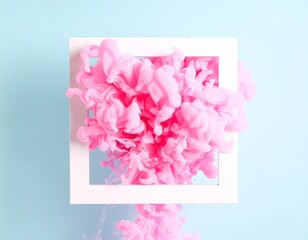 A vibrant, fluffy pink ink cloud explodes from the center of a minimalist white square frame against a serene teal blue background