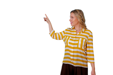 Blonde woman on transparent background pointing finger up and right, presenting information or interacting with virtual screen