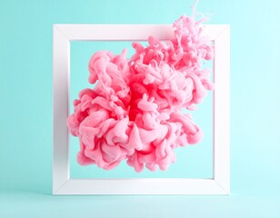 A vibrant, fluffy pink ink cloud explodes from the center of a minimalist white square frame against a serene teal blue background