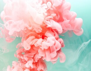 Abstract swirling clouds of vibrant pink and soft peach colored smoke, dissolving into a muted teal and pale green background